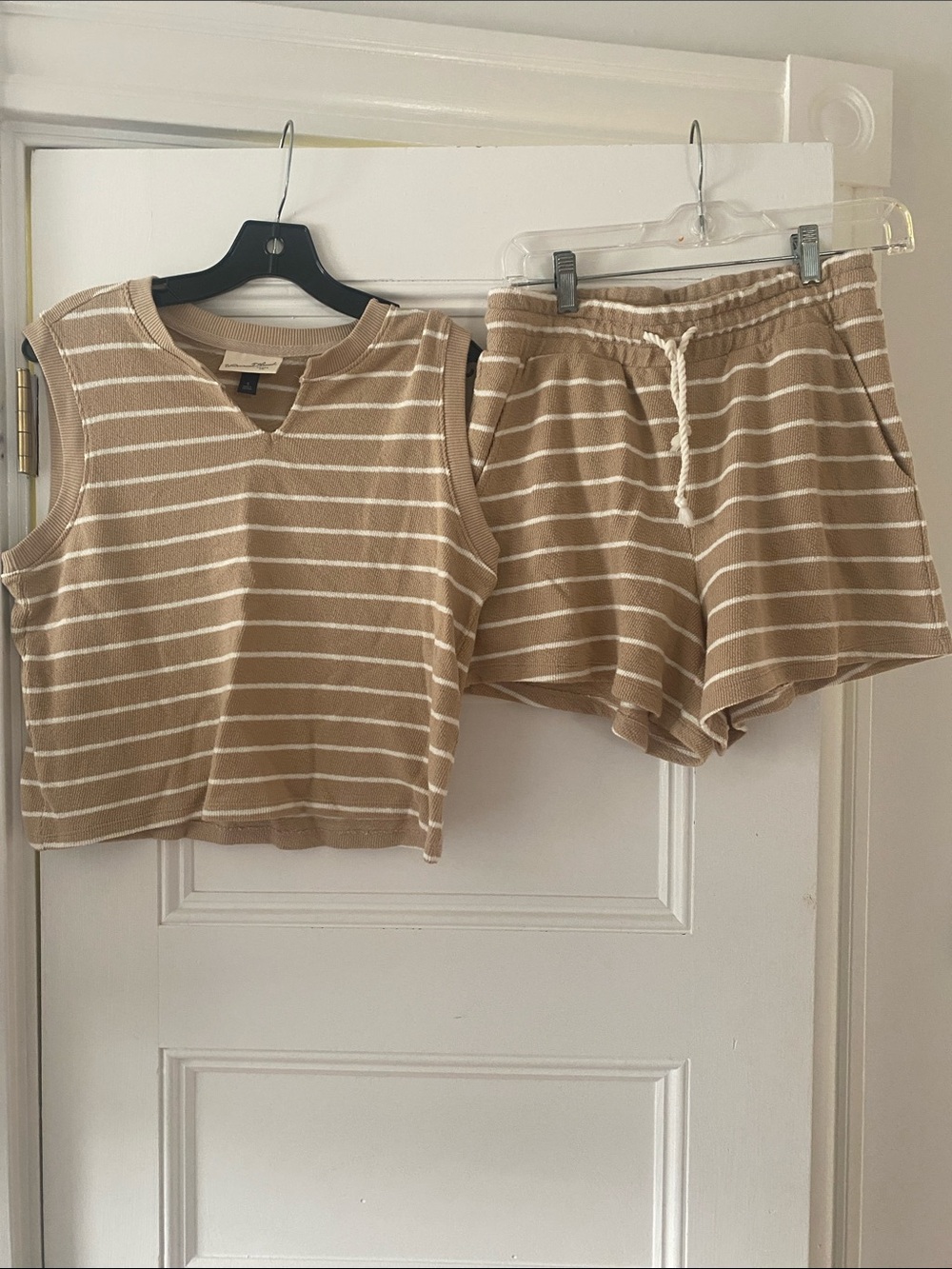 Universal Thread Beige & White Striped Knit Tank and Shorts Set